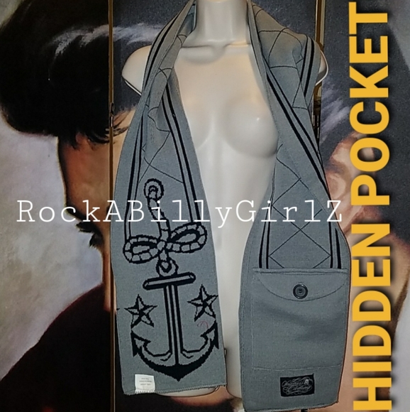 Sourpuss Accessories - Sourpuss 65" Nautical Anchor Rope & Stars Scarf w Hidden 7" Buttoned Pocket